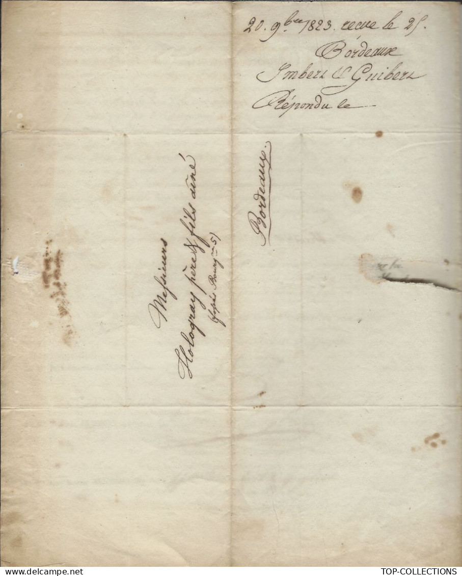 1823 NAVIGATION NEGOCE PORT DE BORDEAUX DECHARGEMENT DE NAVIRES Imbert & Guybert Pour Holagray Bordeaux V.SCANS - 1800 – 1899
