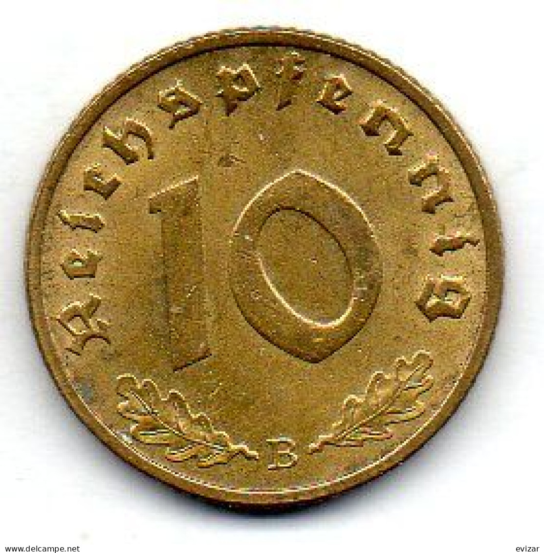 GERMANY - THIRD REICH, 10 Reichs Pfennig, Aluminum-Bronze, Year 1938-B, KM # 92 - 10 Reichspfennig
