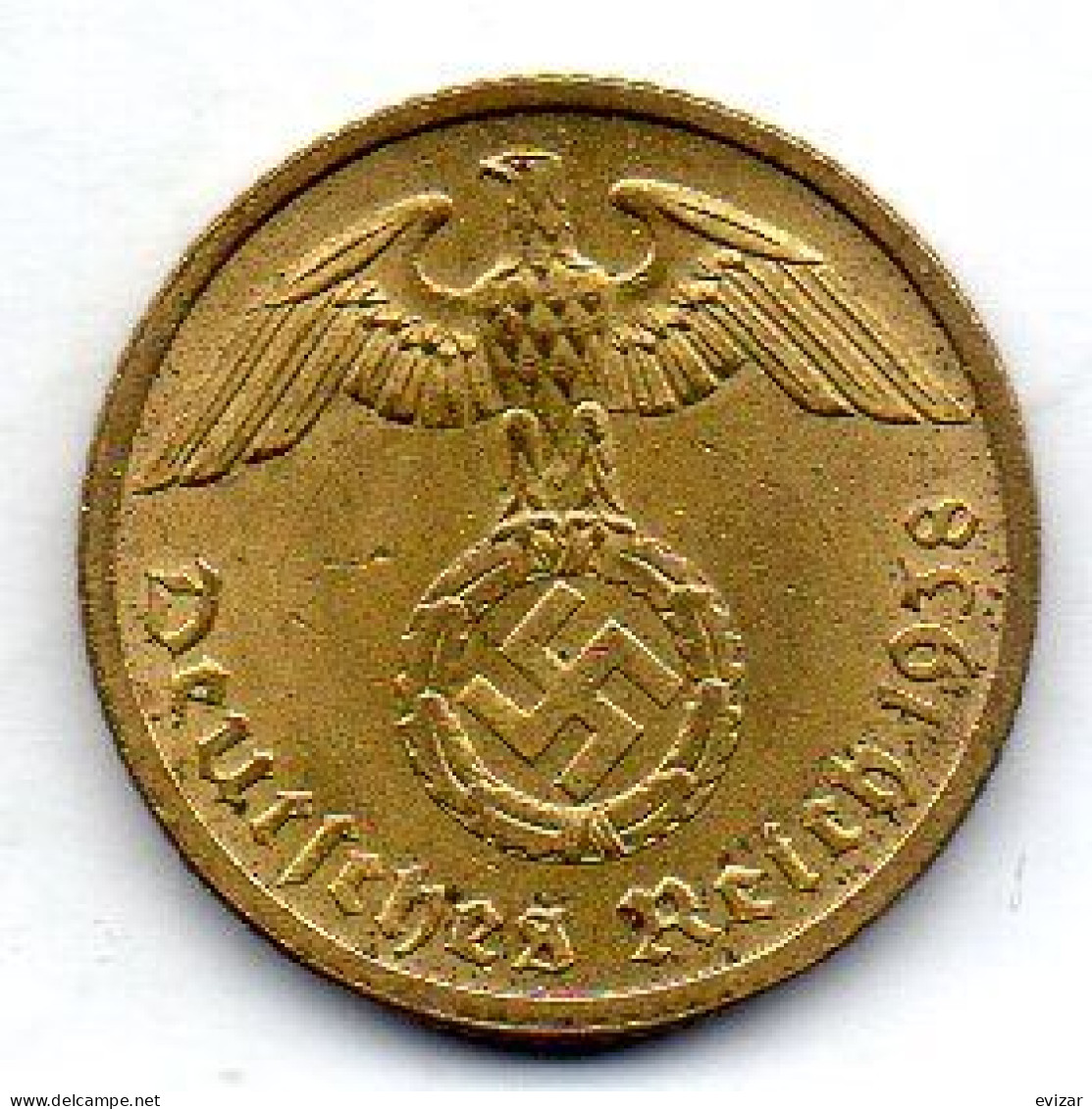 GERMANY - THIRD REICH, 10 Reichs Pfennig, Aluminum-Bronze, Year 1938-B, KM # 92 - 10 Reichspfennig