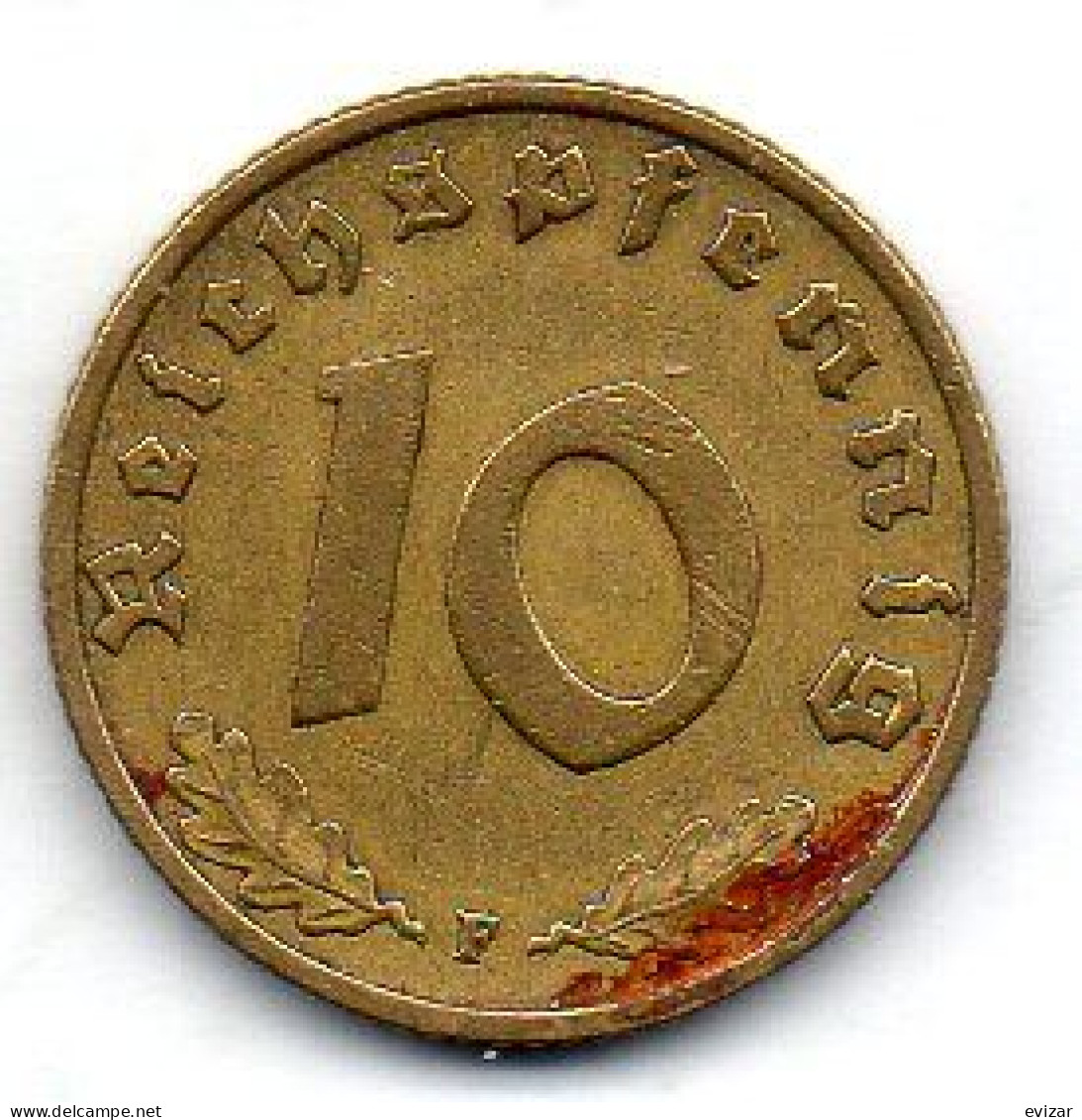 GERMANY - THIRD REICH, 10 Reichs Pfennig, Aluminum-Bronze, Year 1938-F, KM # 92 - 10 Reichspfennig