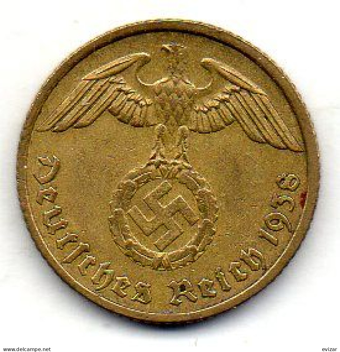 GERMANY - THIRD REICH, 10 Reichs Pfennig, Aluminum-Bronze, Year 1938-F, KM # 92 - 10 Reichspfennig