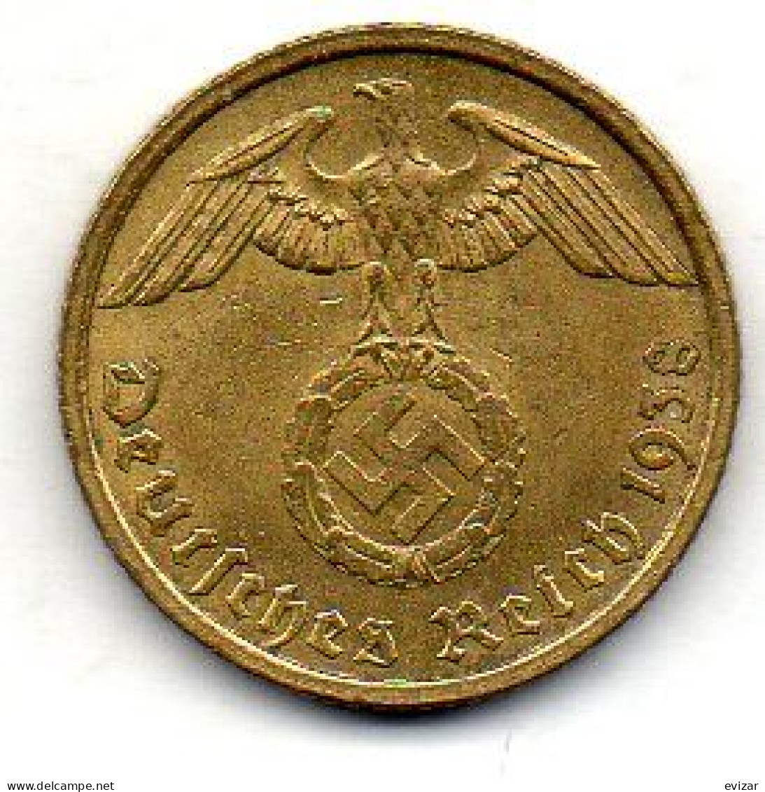 GERMANY - THIRD REICH, 10 Reichs Pfennig, Aluminum-Bronze, Year 1938-G, KM # 92 - 10 Reichspfennig