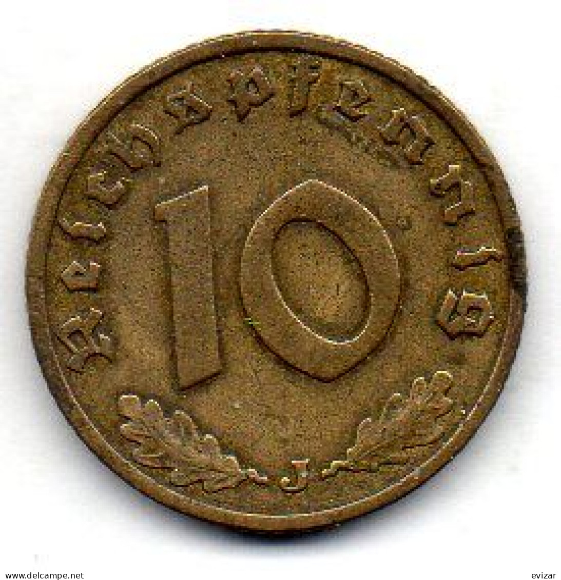 GERMANY - THIRD REICH, 10 Reichs Pfennig, Aluminum-Bronze, Year 1938-J, KM # 92 - 10 Reichspfennig