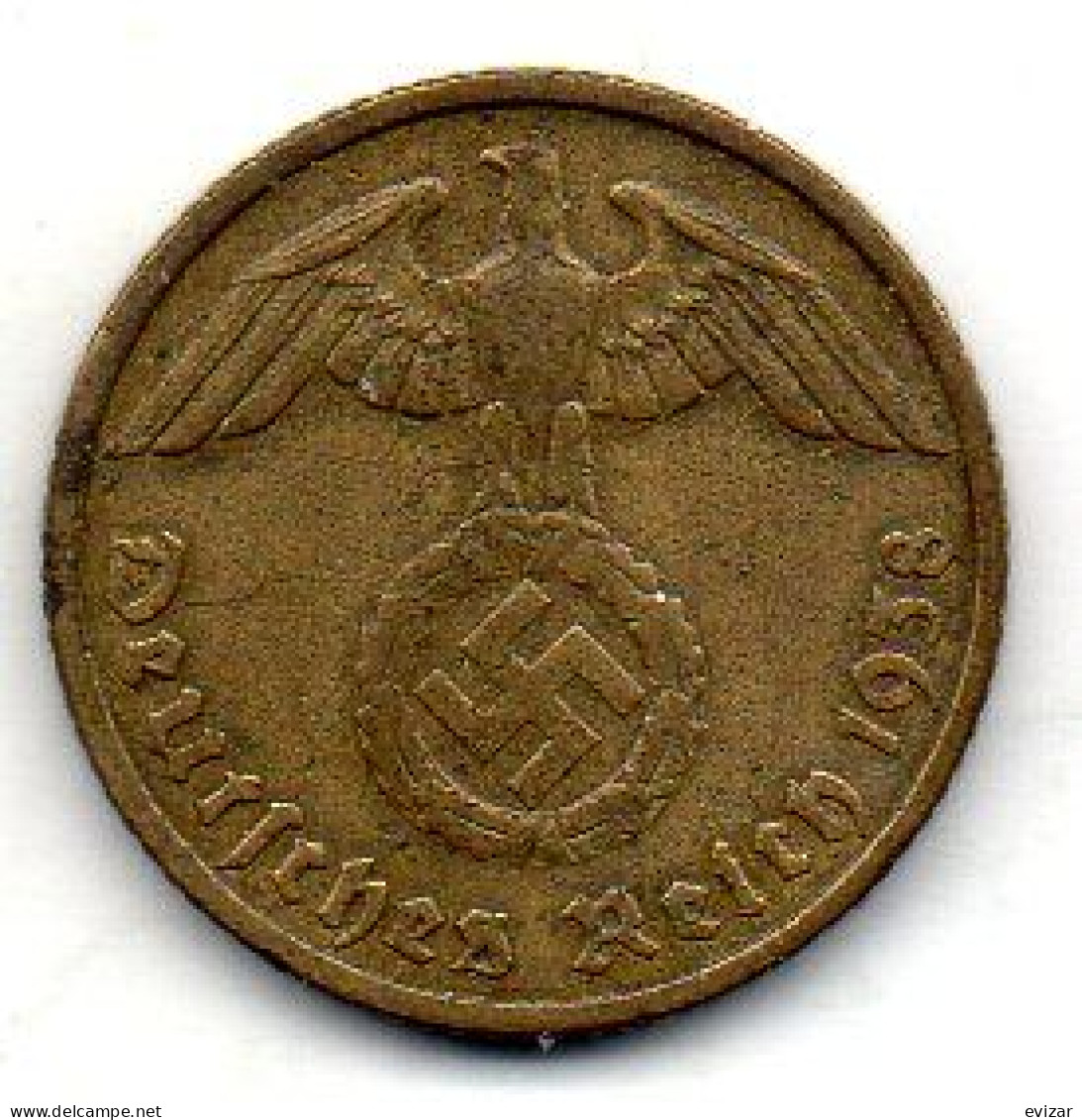 GERMANY - THIRD REICH, 10 Reichs Pfennig, Aluminum-Bronze, Year 1938-J, KM # 92 - 10 Reichspfennig