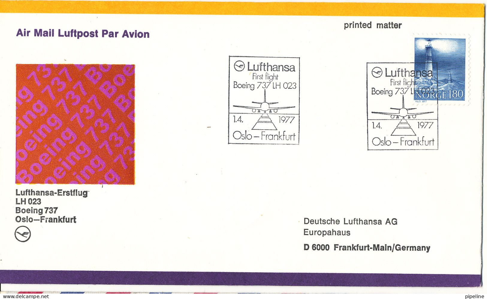 Norway Cover First Flight Lufthansa LH 023 Boeing 737 Oslo - Frankfurt 1-4-1977 - Cartas & Documentos