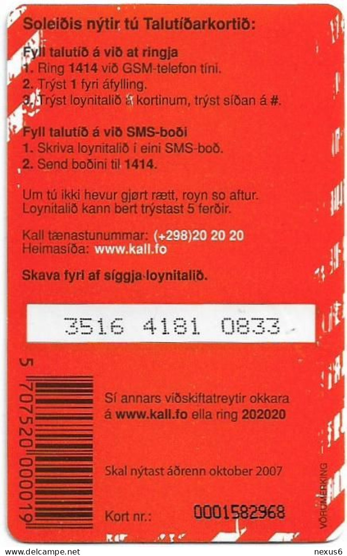 Faroe - Kall Frælsi Talutid, Exp.10.2007, Xxxx Xxxx Xxxx CN., GSM Refill 50Kr., Used - Islas Faroe