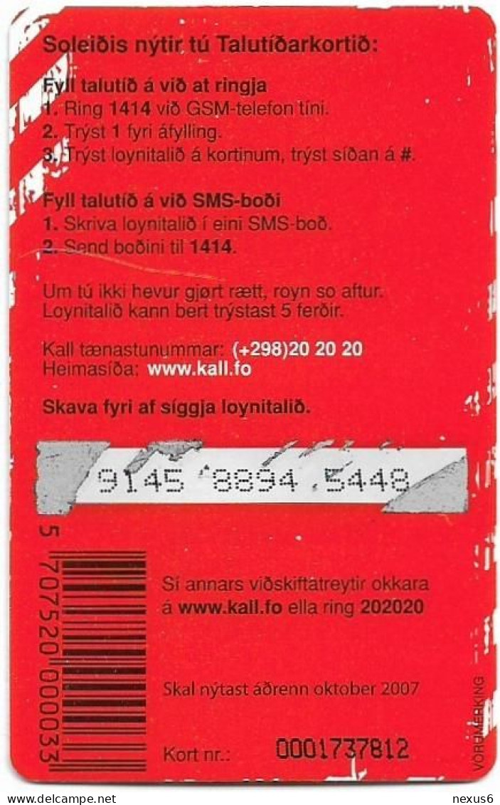 Faroe - Kall Frælsi Talutid, Exp.10.2007, Xxxx Xxxx Xxxx CN., GSM Refill 250Kr., Used - Faroe Islands