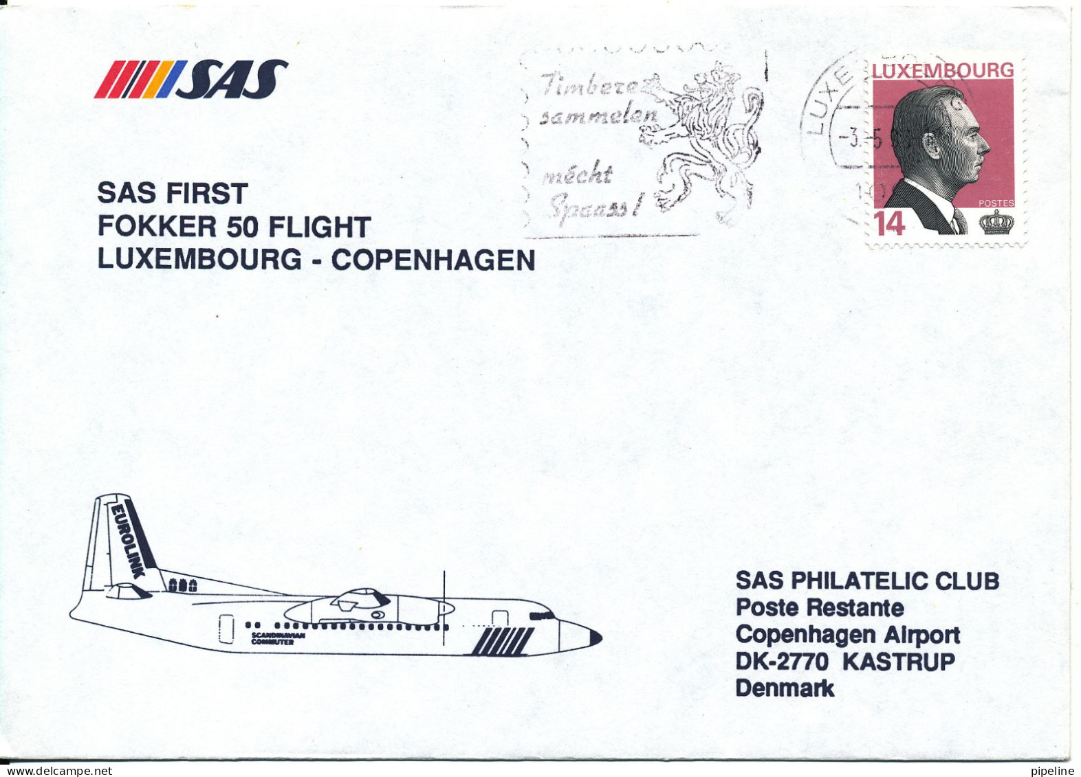Luxembourg Cover First SAS Fokker 50 Flight Luxembourg - Copenhagen - Storia Postale