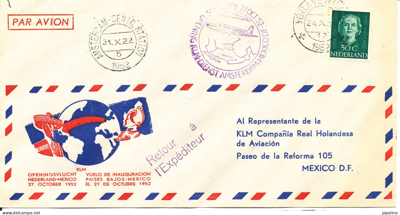 Netherlands First KLM Flight Amsterdam - Mexico 27-10-1952 - Poste Aérienne