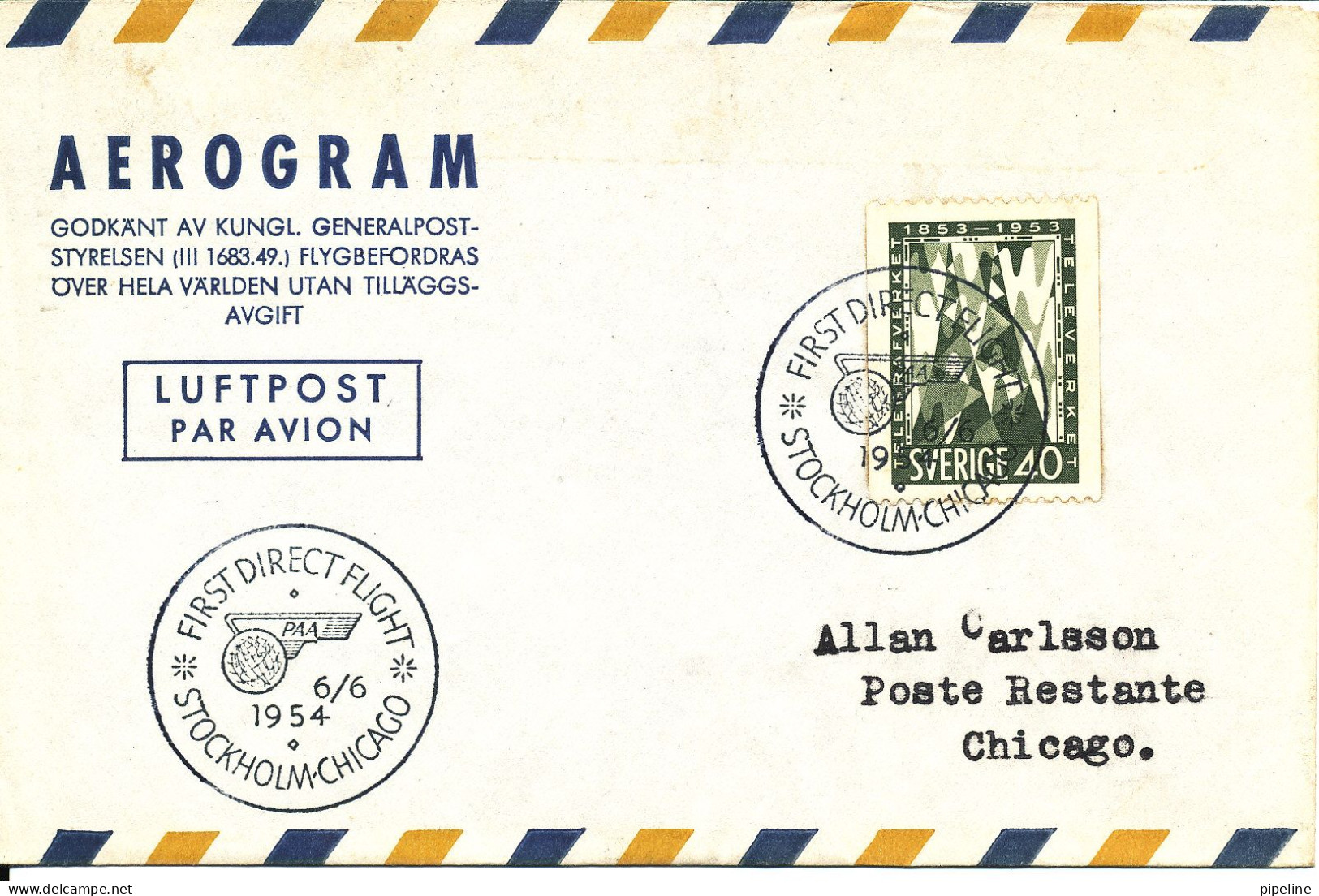 Sweden Aerogramme First SAS DC-6B Flight Stockholm - Chicago 6-6-1954 - Lettres & Documents