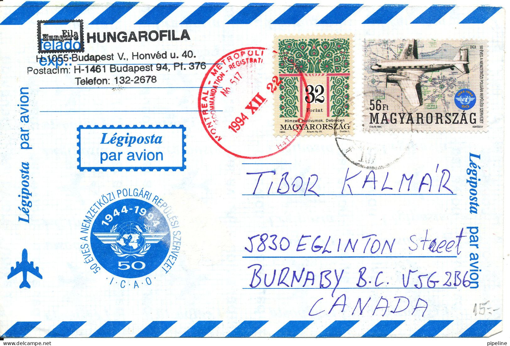 Hungary Air Mail Cover Sent To Canada 22-12-1994 - Lettres & Documents