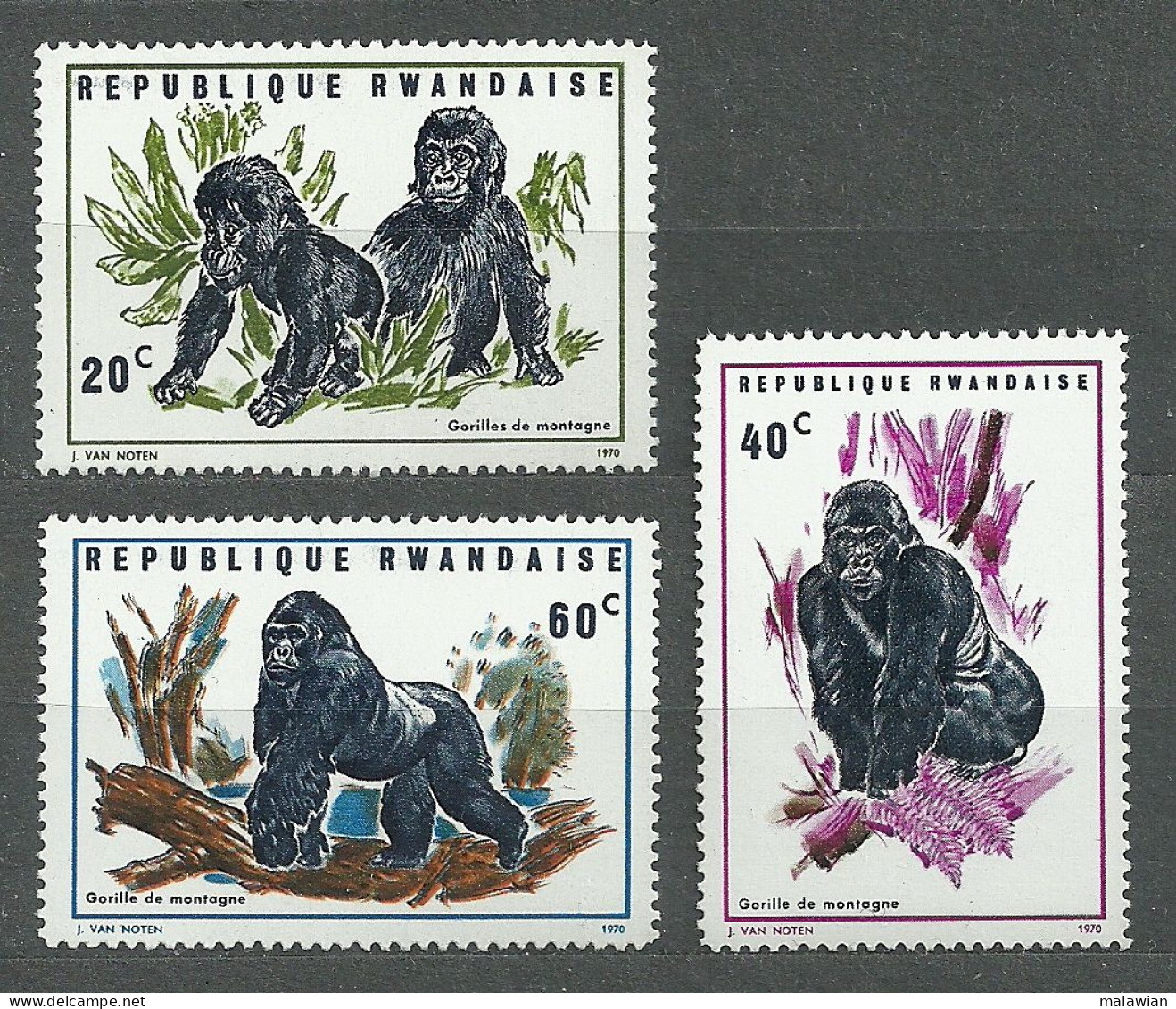 Rwanda, 1970 (#399-401a), Gorille Des Montagnes, Fauna, Mountain Gorilla, Berggorilla, Gorilla Di Montagna - 3v Incomple - Gorilles