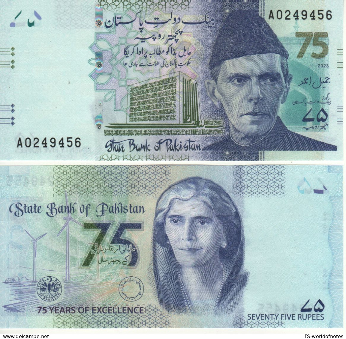 PAKISTAN  New 75 Rupees  2023  PW57  “ 75th Anniversary Of State Bank ”    Wind Turbines, Mohtrama Fatima Jinnah - Pakistan