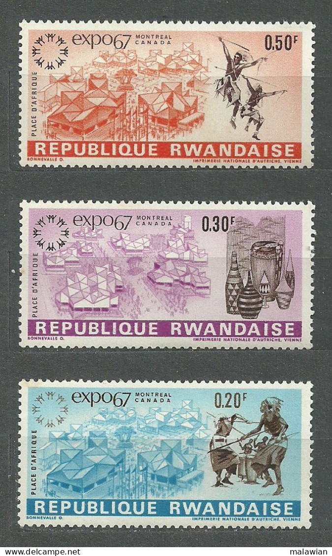 Rwanda, 1967 (#232-34a), World Exhibition EXPO '67, Montreal, Canada, Dance, Expositions, Architecture - 3v - 1967 – Montréal (Canada)