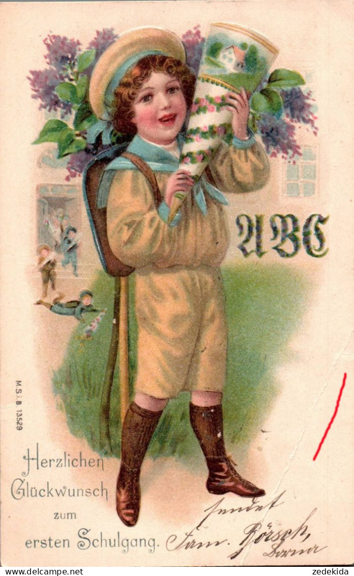 G8049 - Litho Präge Glückwunschkarte - Schulanfang Zuckertüte - M.S.i.B. - Einschulung