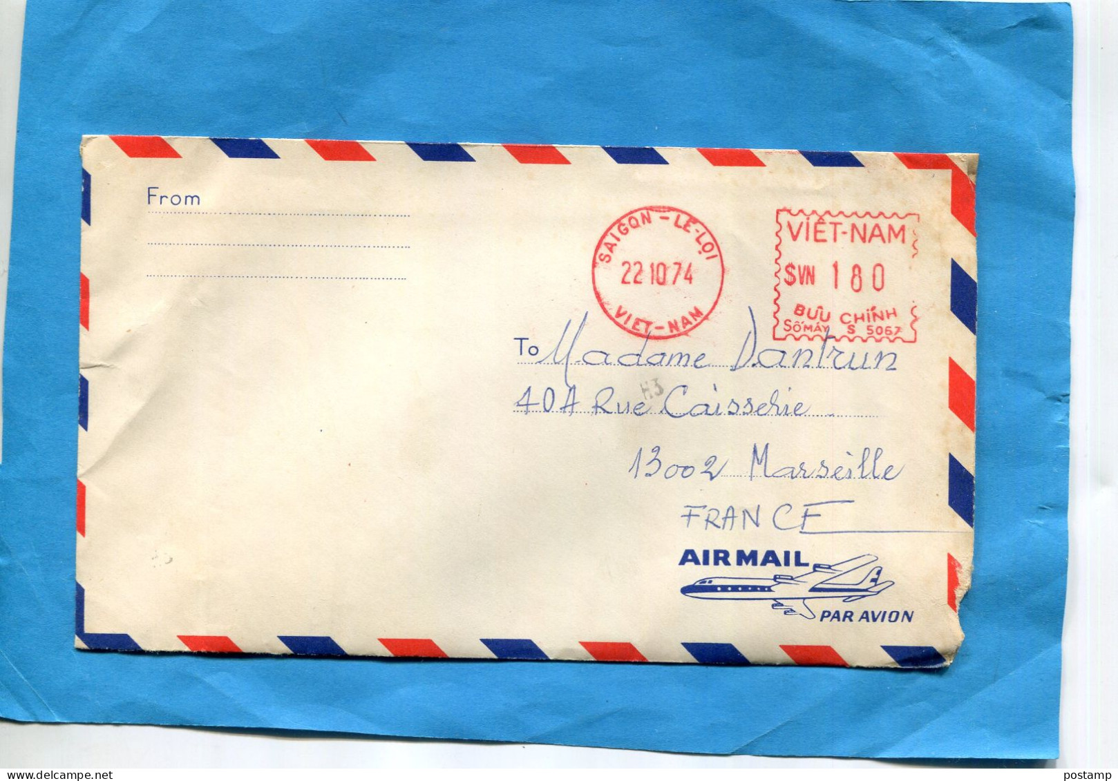 VIET NAM-lettre Pour Françe  Cad SAÏGON Le Loi- Cad1974 Oblitération Mécanique Rouge - Viêt-Nam