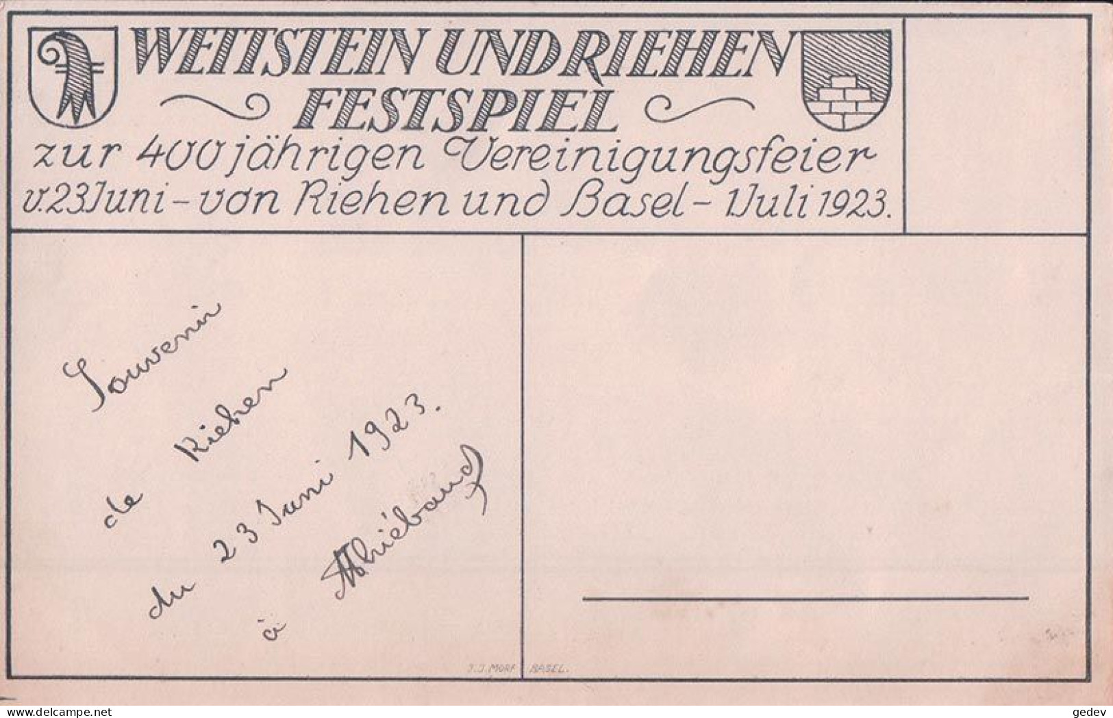 Wettstein Und Riehen, Festspiel Zur 400 Jährigen Vereinnigungsfeier, Basel 1923, Litho (23.6.1923) - Riehen