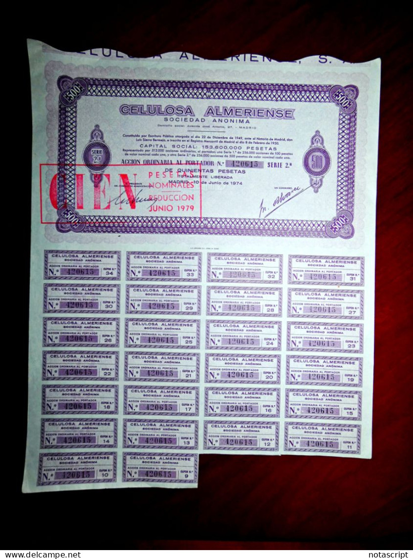 Celulosa Almeriense SA. 1974  Share Certificate - Industrie