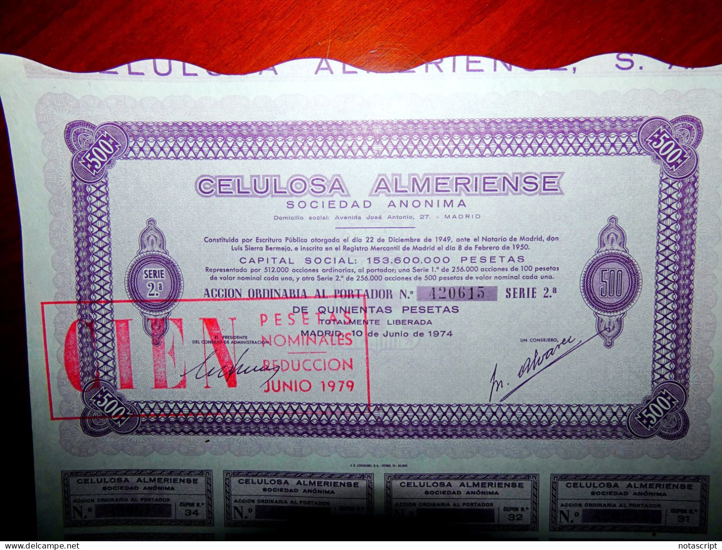 Celulosa Almeriense SA. 1974  Share Certificate - Industrie