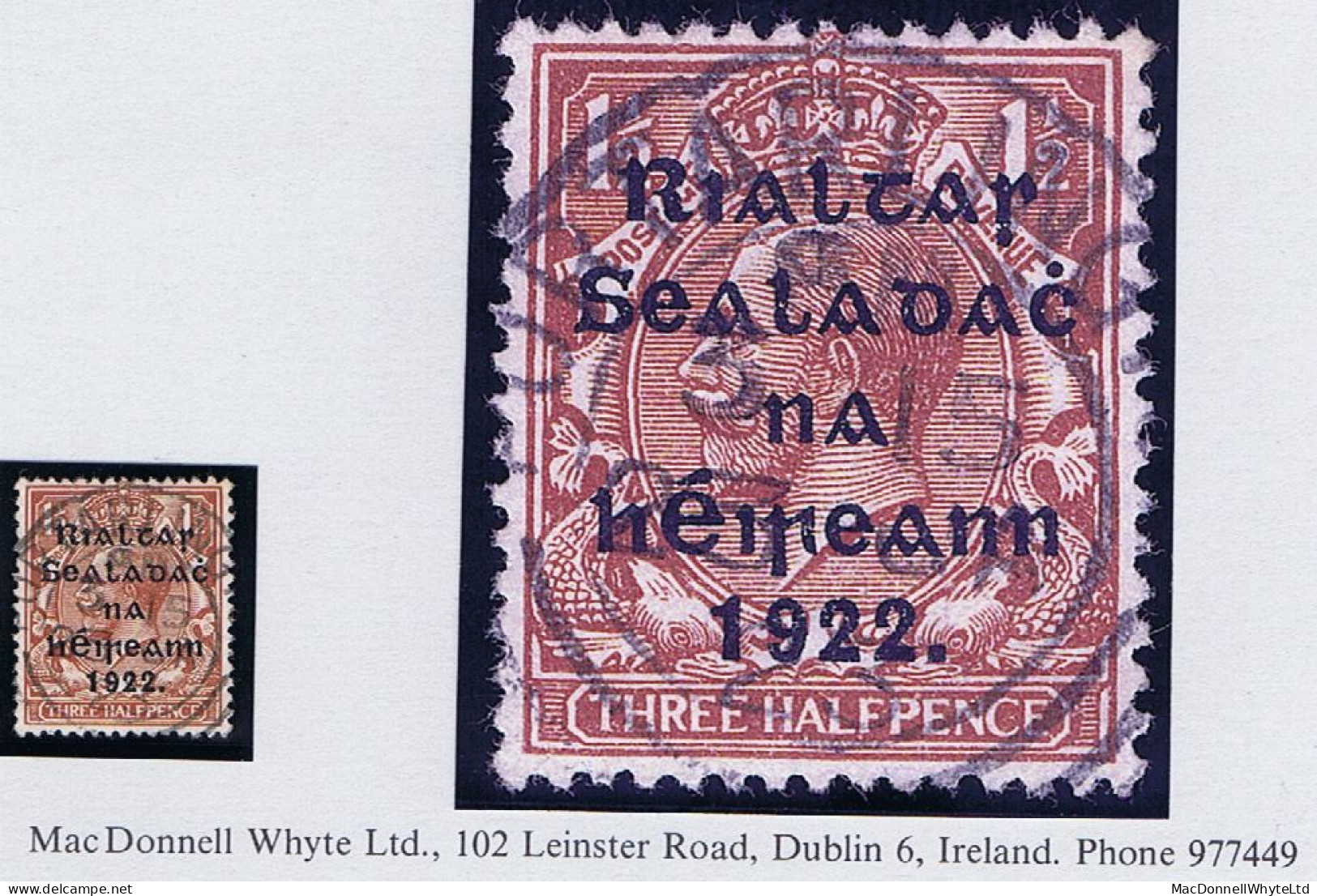 Ireland 1922 (Nov-Dec) Thom Rialtas 5-line Wide Overprint, 1½d Brown, Neat Socked-on-nose PORTARLINGTON 23 JA 23 Cds - Usati