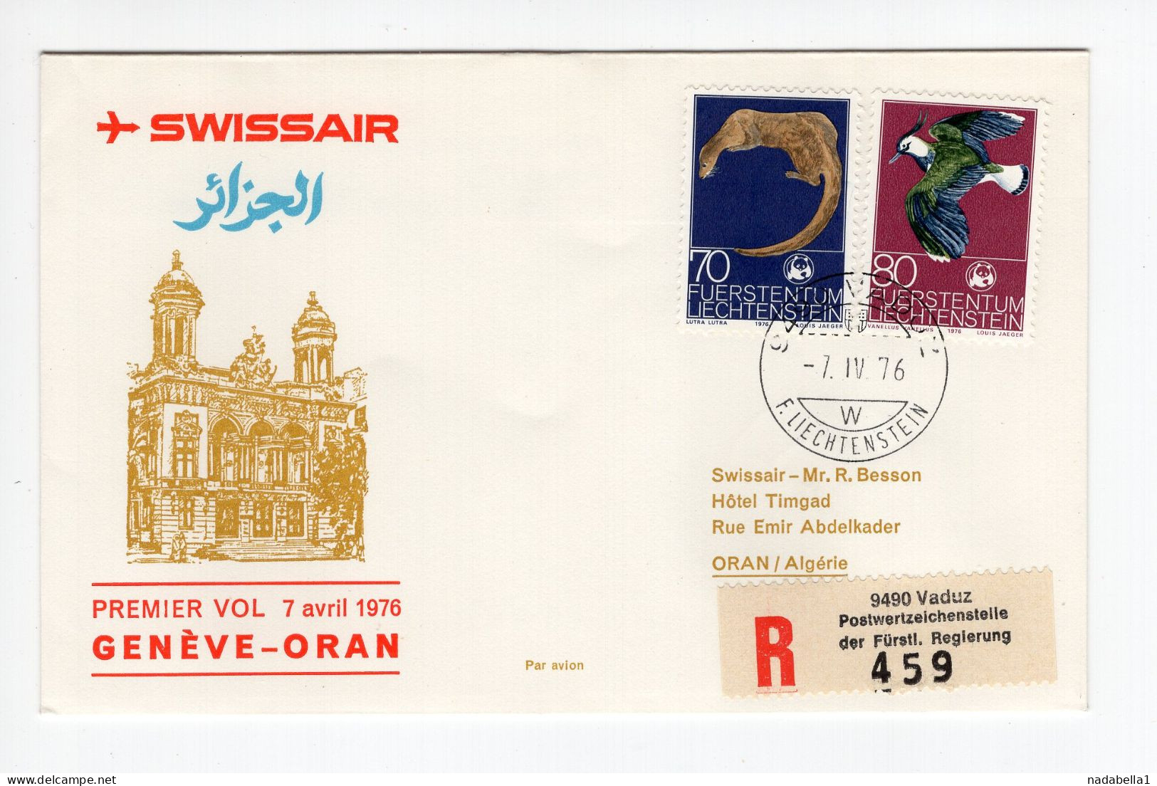 1976. LIECHTENSTEIN,VADUZ RECORDED AIRMAIL TO ORAN,FIRST SWISSAIR FLIGHT GENEVA - ORAN,ALGERIA - Aéreo