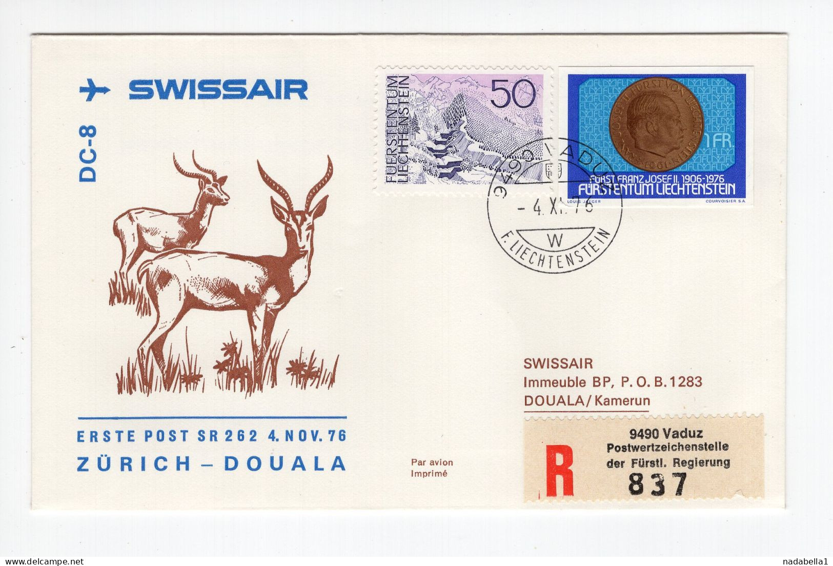 1976. LIECHTENSTEIN,VADUZ RECORDED AIRMAIL TO KAMERUN,FIRST SWISSAIR FLIGHT ZURICH-DOUALA - Luchtpostzegels