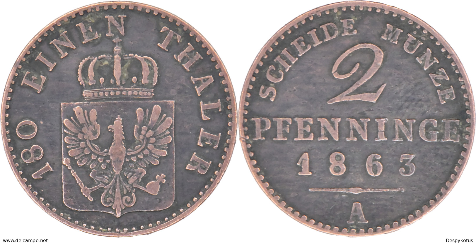 ALLEMAGNE - PRUSSE - 1863 - 2 Pfenninge - Guillaume I - Berlin (A) - 17-100 - Taler & Doppeltaler