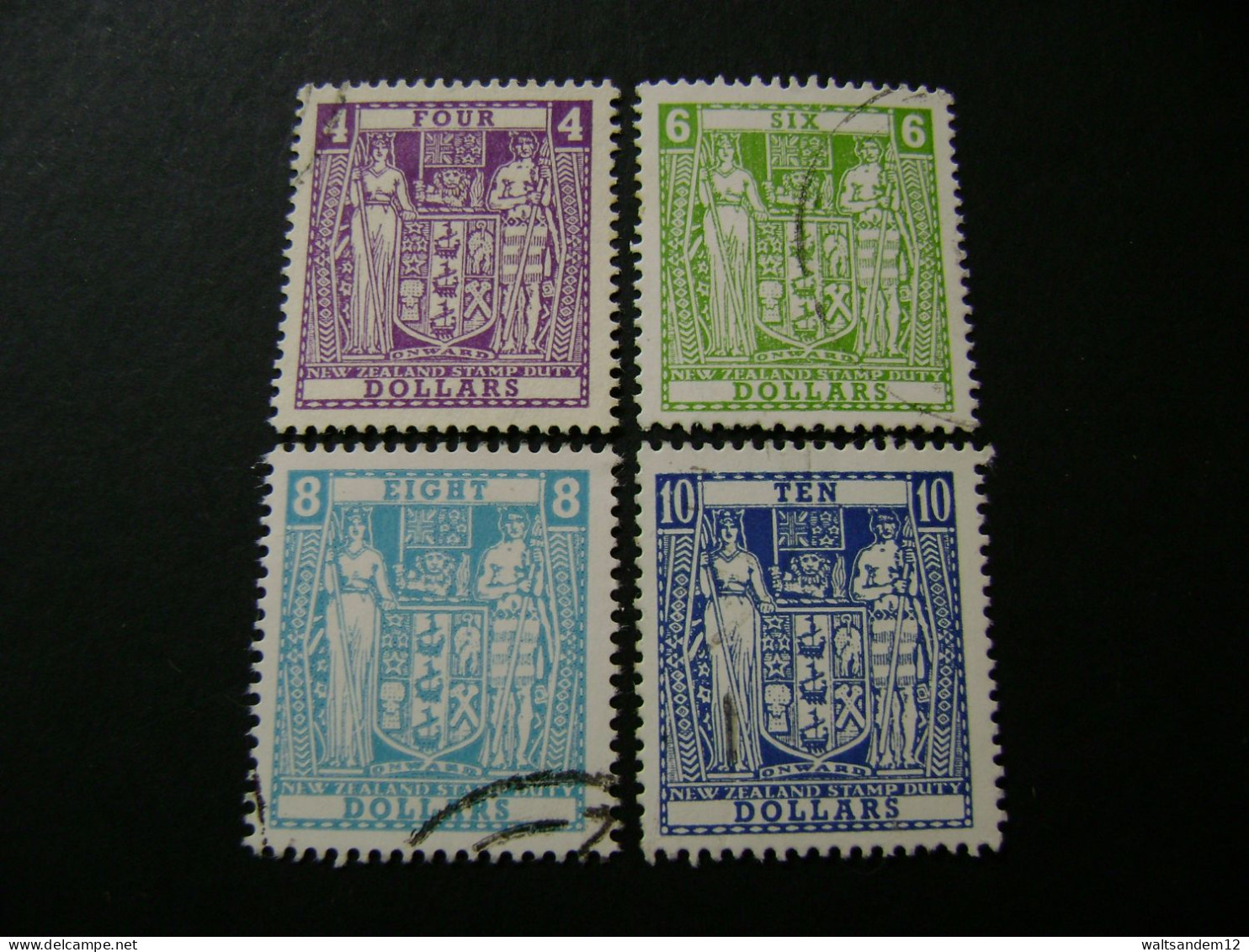 New Zealand 1967 Decimal Arms $4, $6, $8, $10 Definitives (SG F219-F222) - Used - Postal Fiscal Stamps