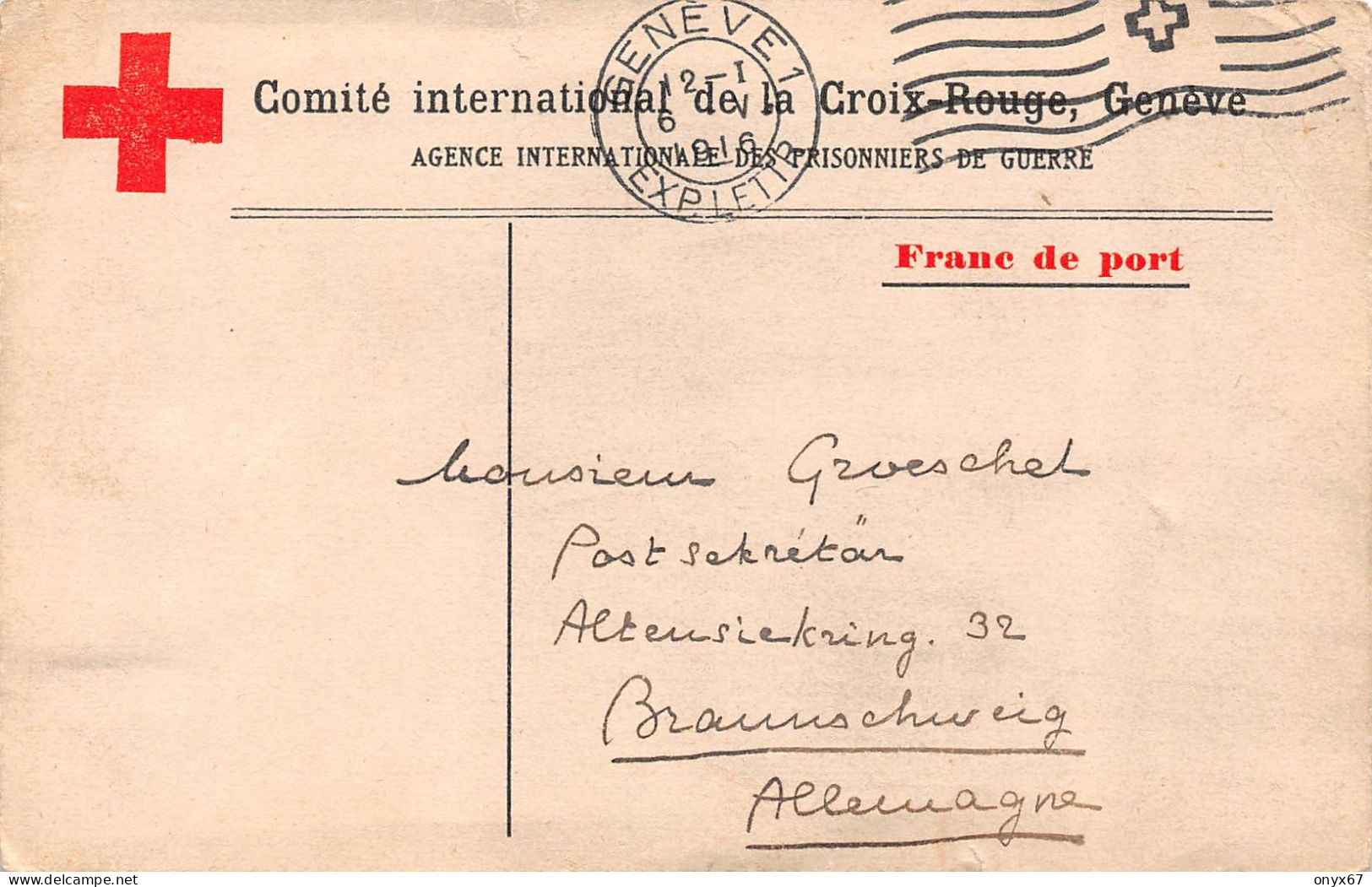 Carte Agence Prisonnier Guerre-Cachet CROIX-ROUGE Genève-Suisse-Censure-Stamp-Stempel-1916-Krieg-Rotes Kreuz-Militaire - Weltkrieg 1914-18