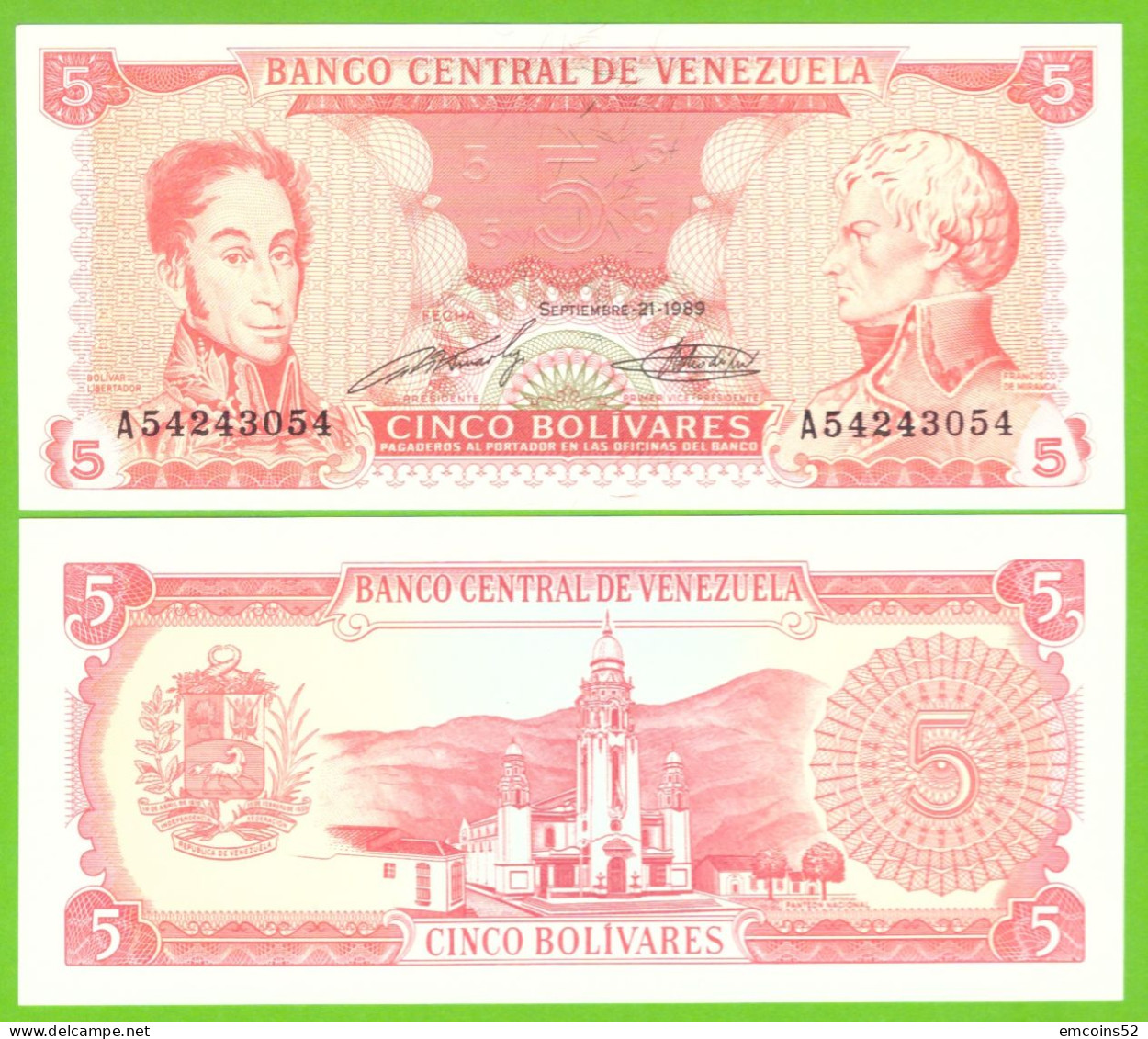 VENEZUELA 5 BOLIVARES 1989 P-70b UNC - Venezuela