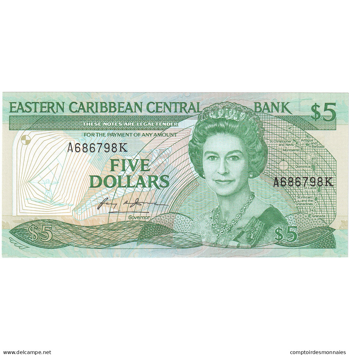 Billet, Etats Des Caraibes Orientales, 5 Dollars, Undated (1986-88), KM:18k - East Carribeans