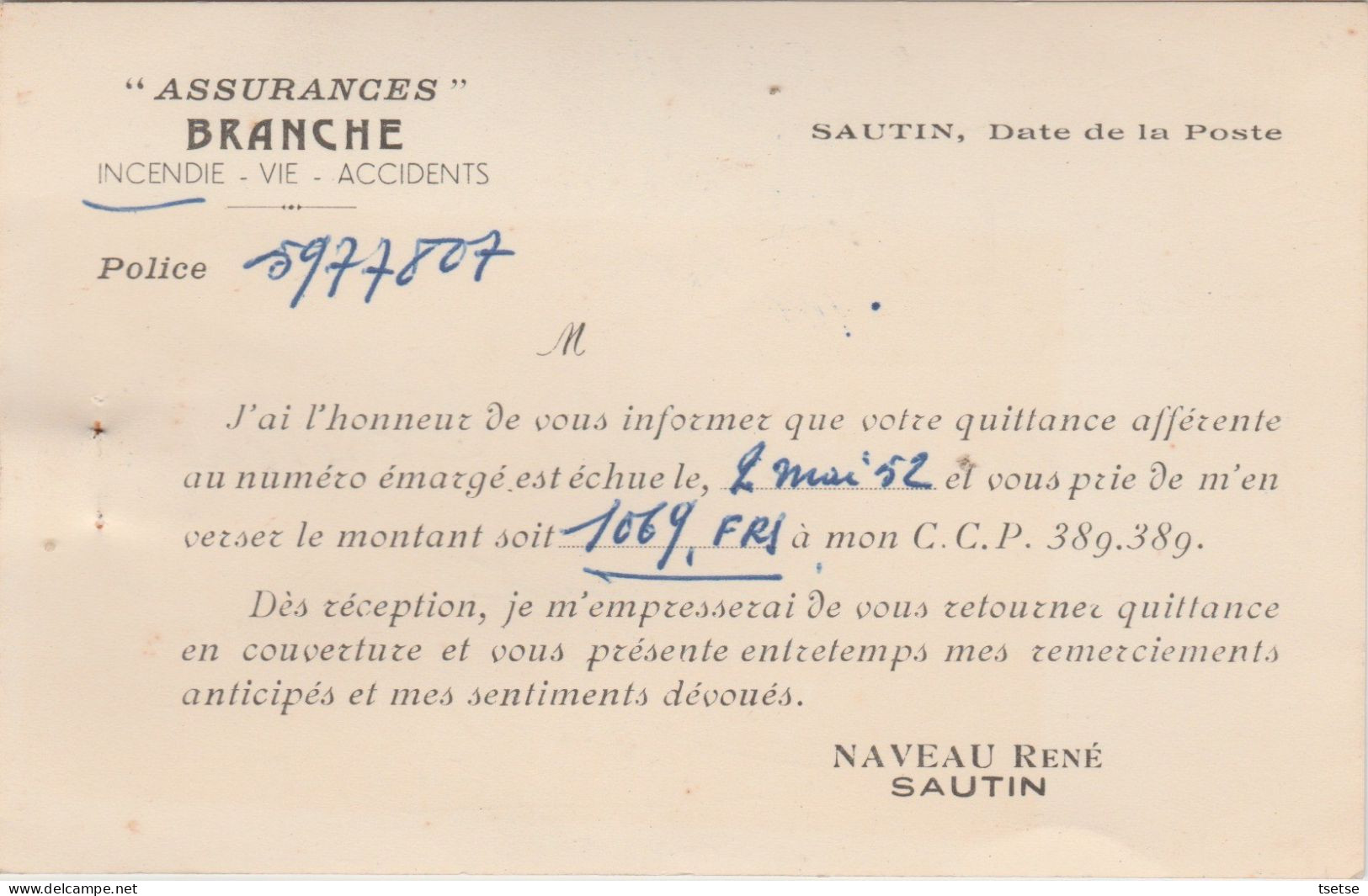 Sautin - Assurances Générales René Naveau ... Carte Publicitaire , Format Carte Postale - 1952 ( Voir Verso ) - Sivry-Rance