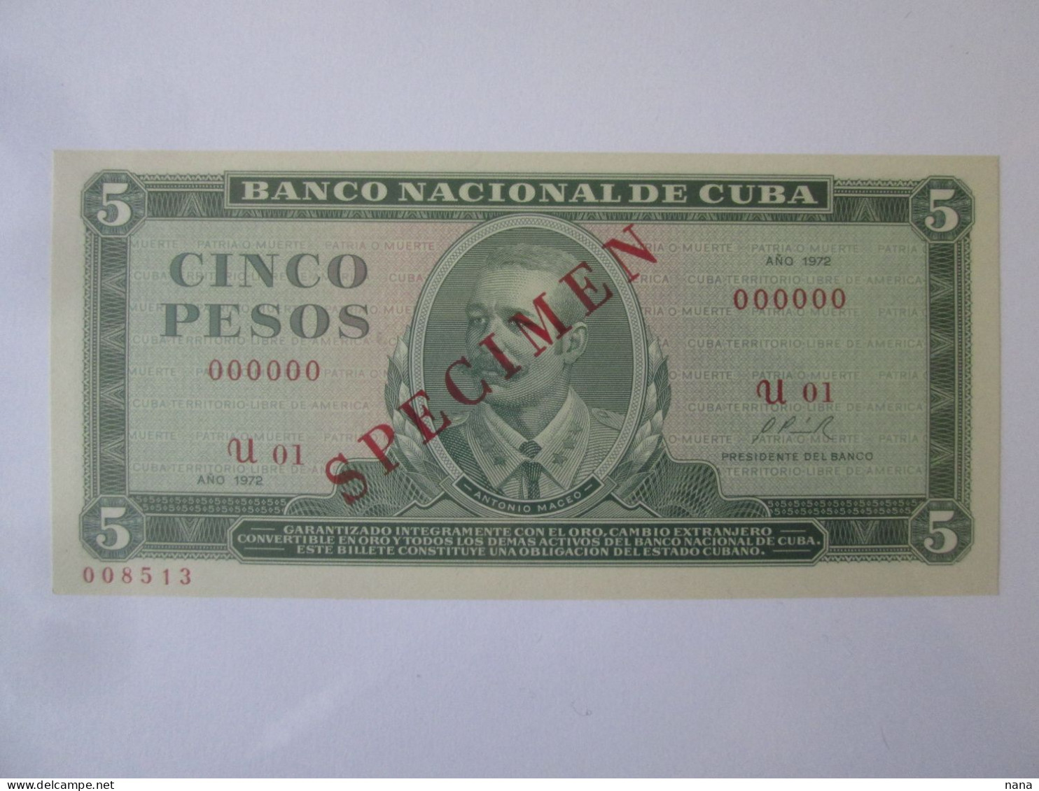 Cuba 5 Pesos 1972 Specimen Banknote UNC,see Pictures - Cuba