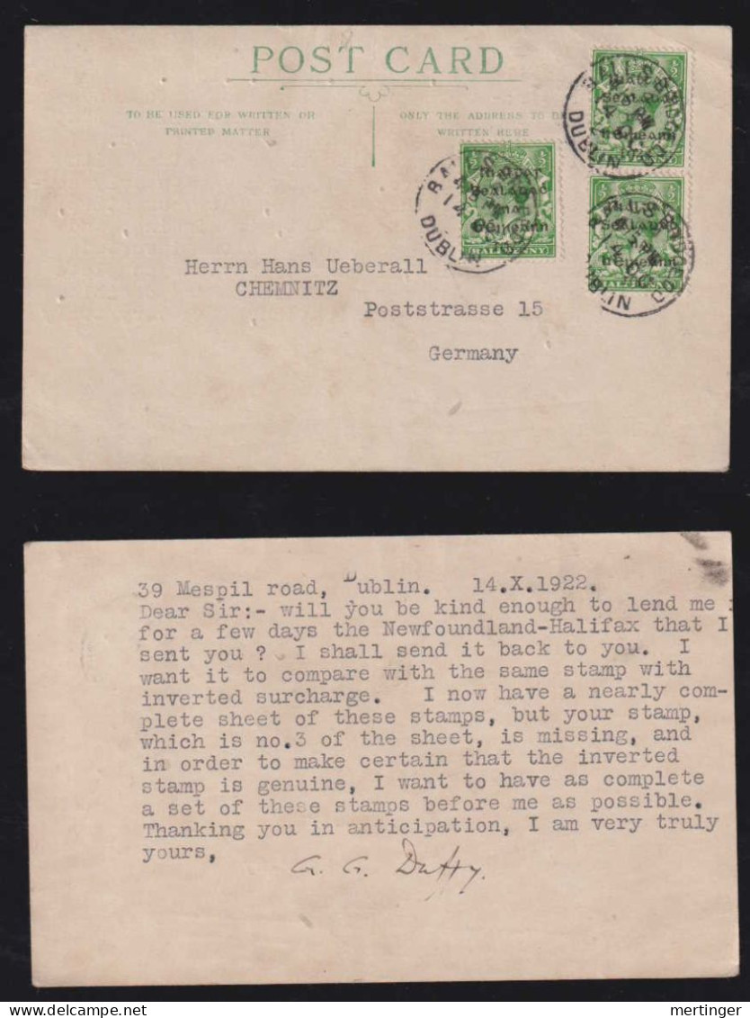 Irland Eire 1922 Postcard 3x ½p DUBLIN X CHEMNITZ Germany - Lettres & Documents