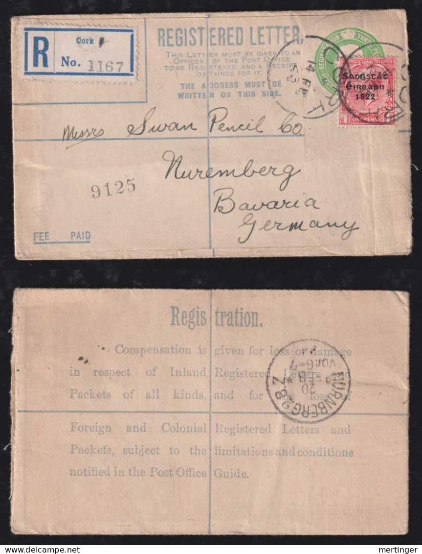 Irland Eire 1923 Registered Uprated Stationery CORK X NÜRNBERG Germany - Briefe U. Dokumente