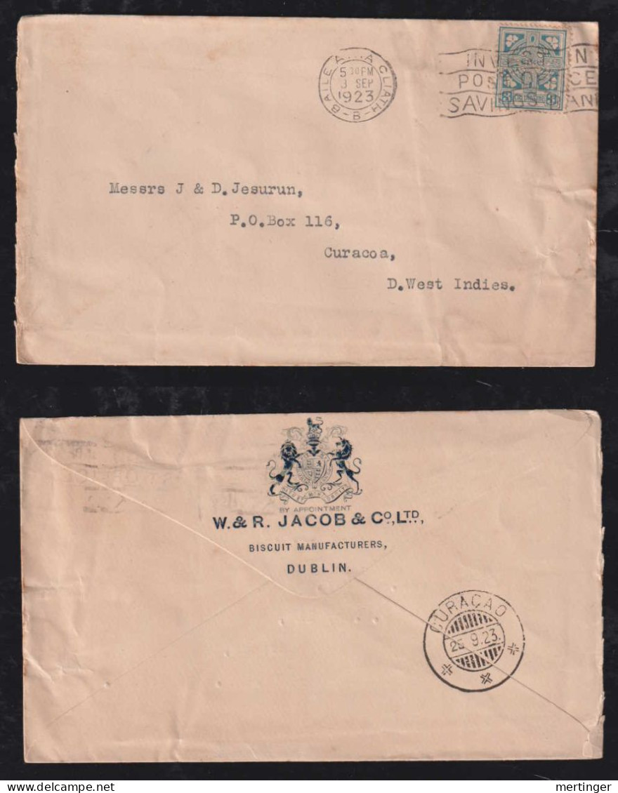 Irland Eire 1923 Cover 3P  DUBLIN X Dutch CURACAO Perfin W.& R. JACOB Biscuit - Cartas