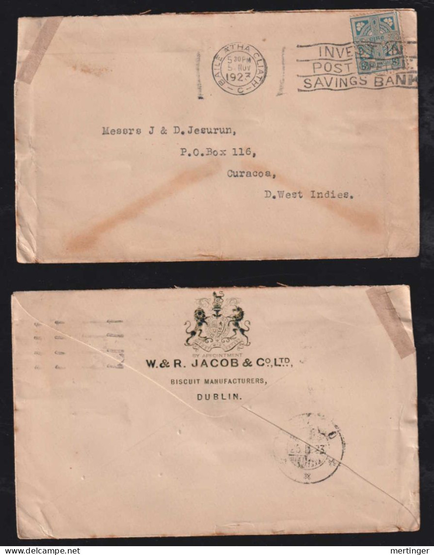 Irland Eire 1923 Cover 3P  DUBLIN X Dutch CURACAO Perfin W.& R. JACOB Biscuit - Cartas