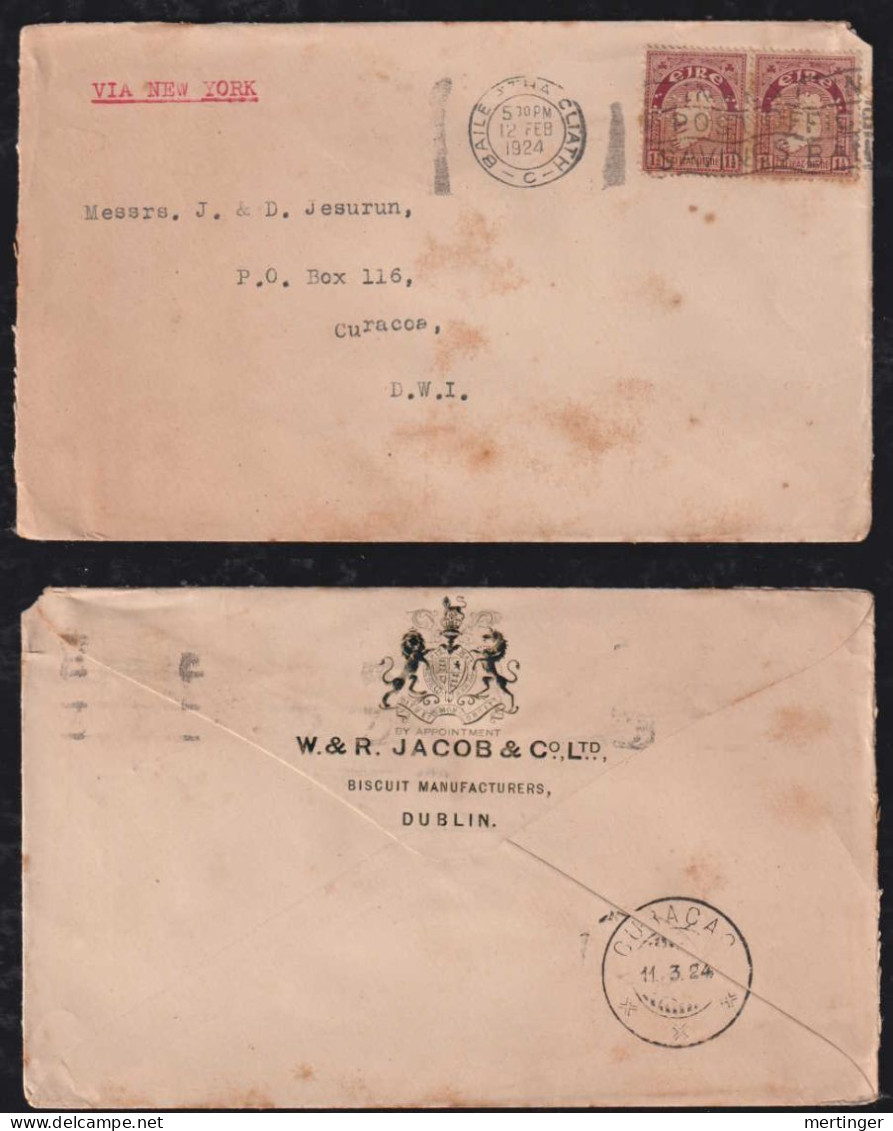 Irland Eire 1924 Cover 2x 1½P  DUBLIN X Dutch CURACAO Perfin W.& R. JACOB Biscuit - Brieven En Documenten