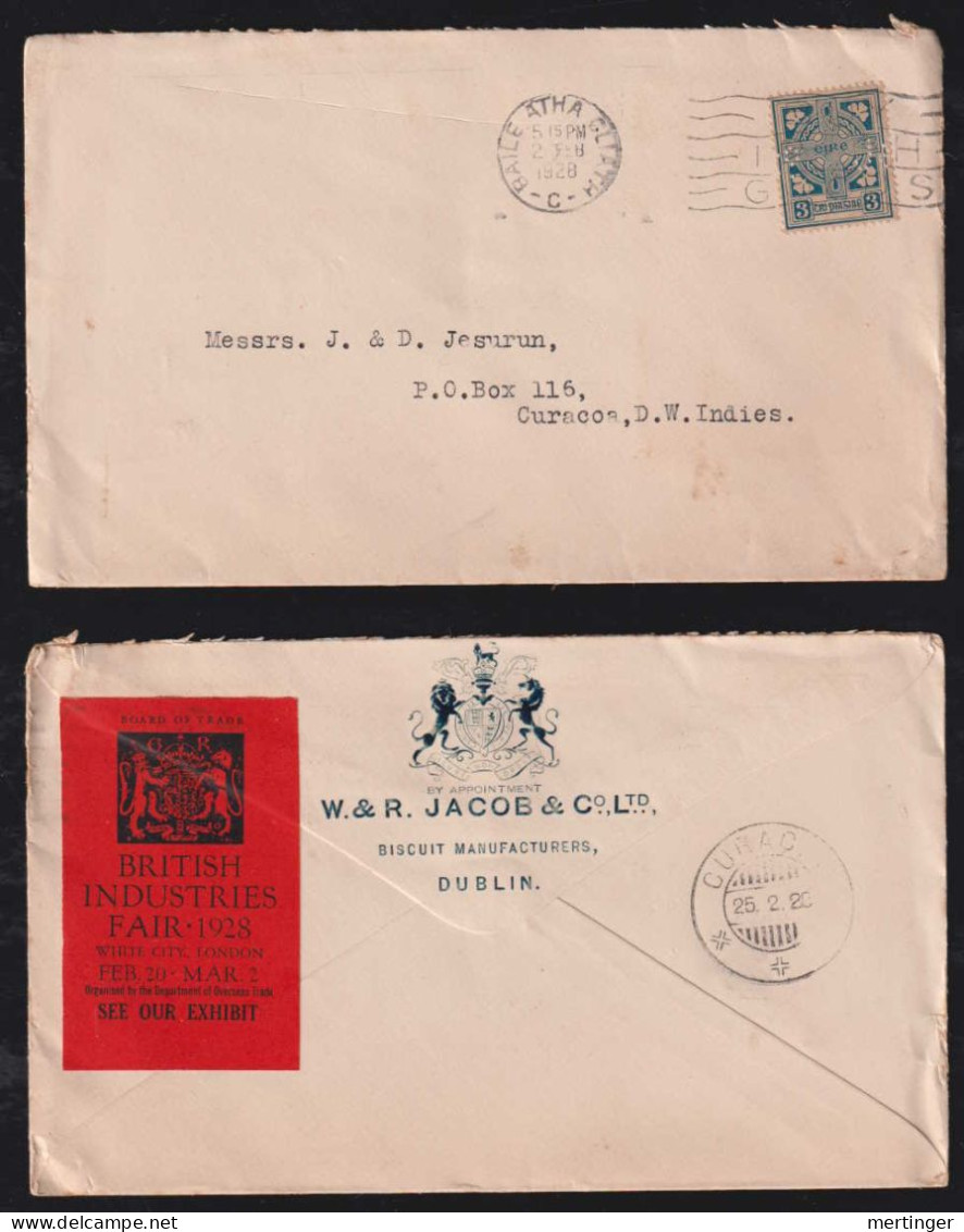 Irland Eire 1928 Cover 3P DUBLIN X Dutch CURACAO Perfin W.& R. JACOB Biscuit Indistries Fair Propaganda - Cartas