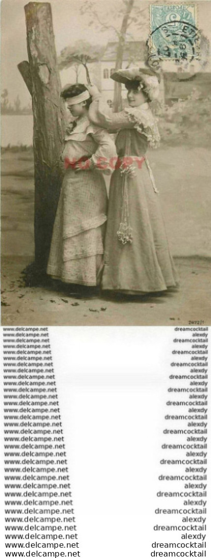 WW JEUX. Superbe Carte Photo émaillographie De Jeunes Filles S'amusant Au Colin Maillard 1907 - Juegos