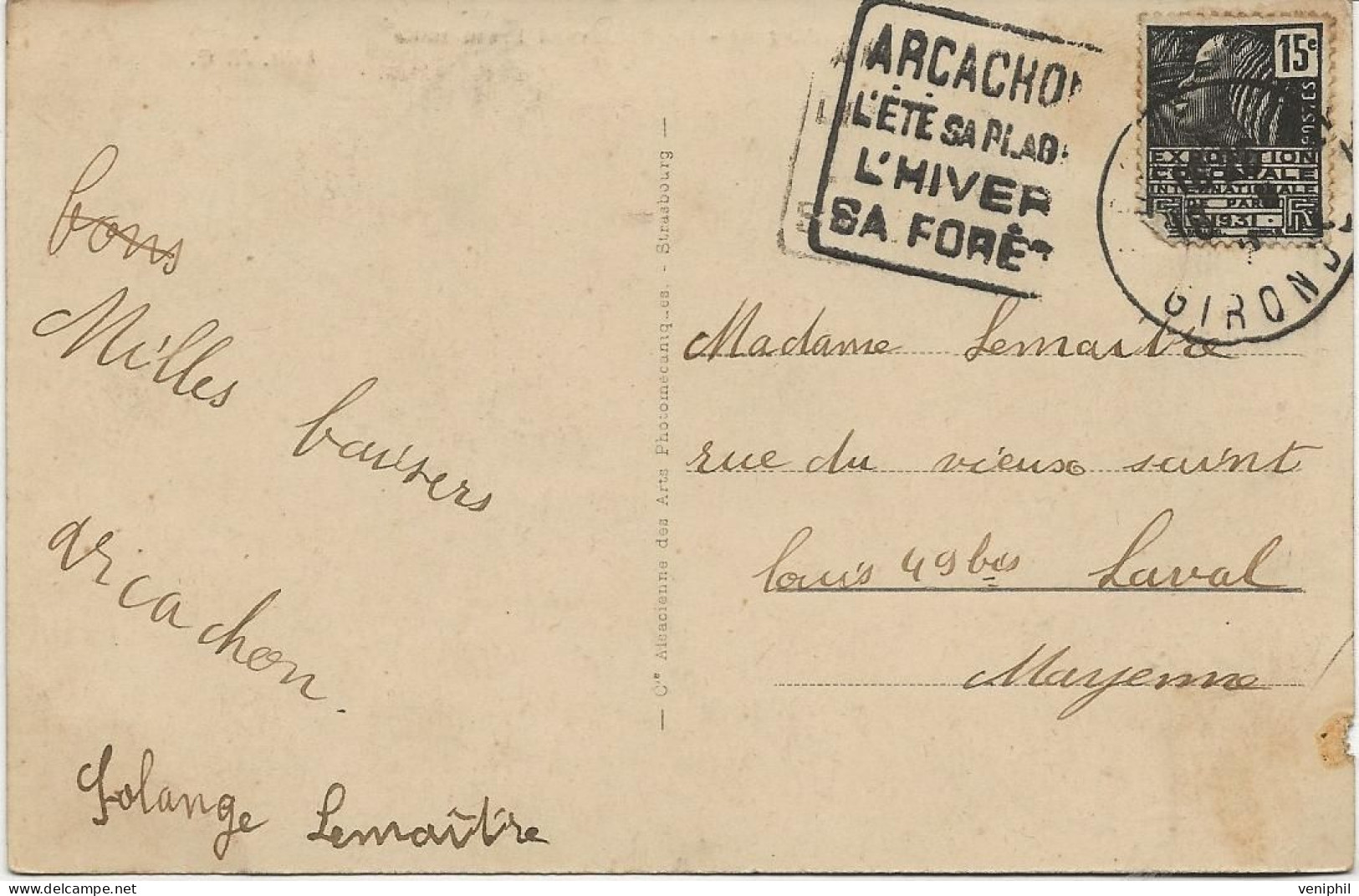 CARTE AFFRANCHIE N° 270  - OBLITERATION DAGUIN "ARCACHON -L'ETE SA PLAGE-L'HIVER SA FORET - ANNEE 1938 - Mechanical Postmarks (Other)