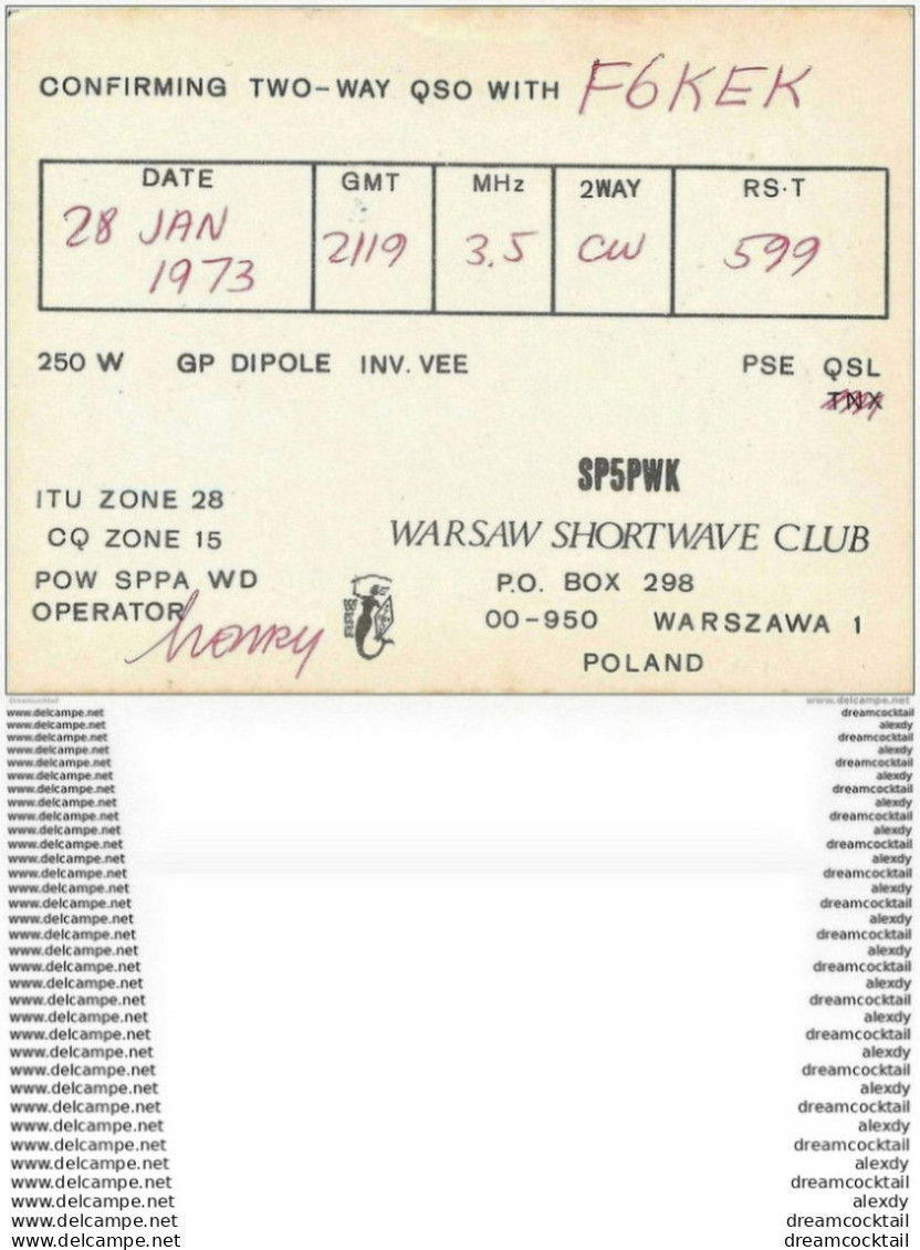 CARTE RADIO QSL. Poland 1973 POLSKA - Radio Amateur