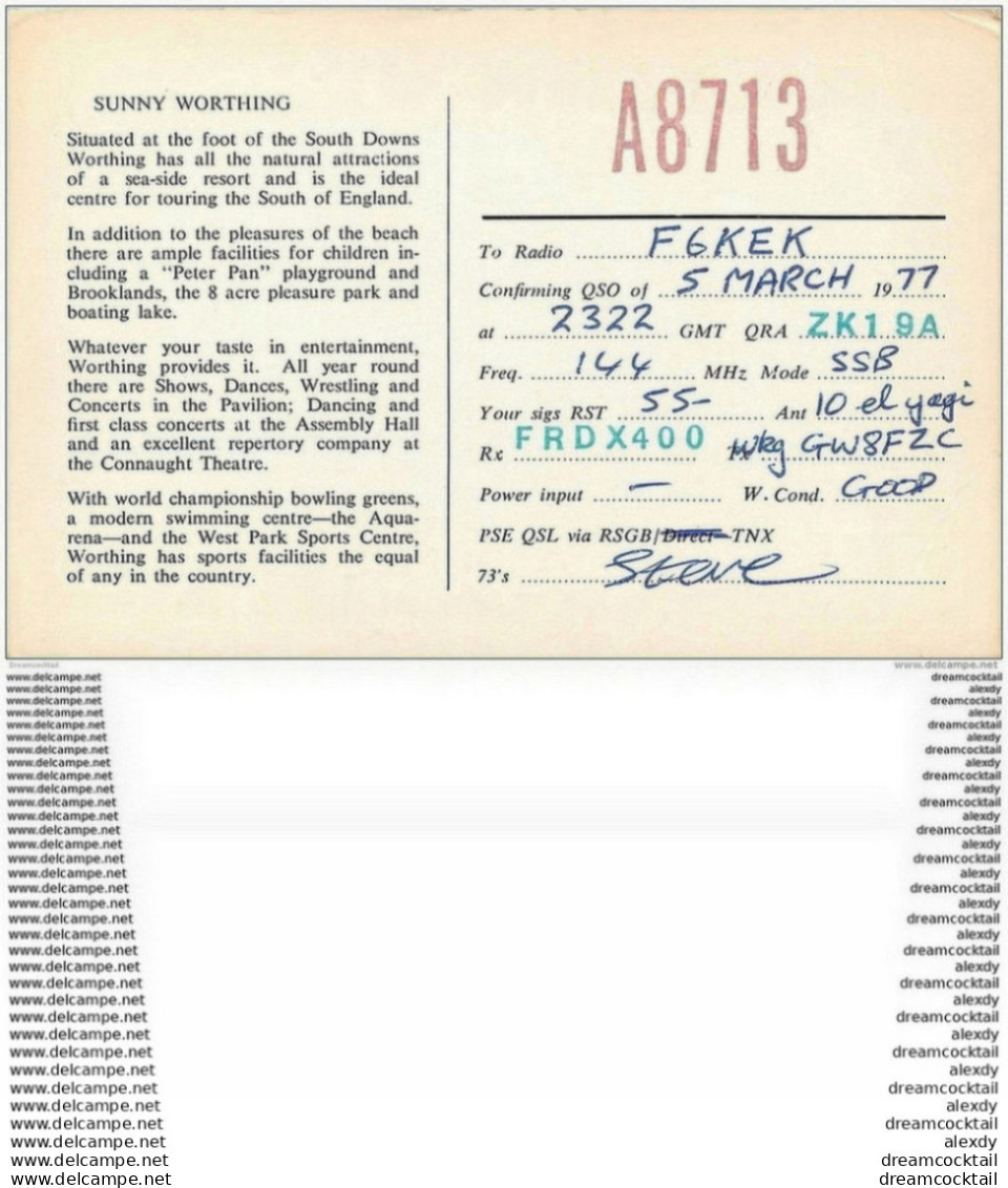 CARTE RADIO QSL. Sunny Worthing 1977 - Radio Amateur