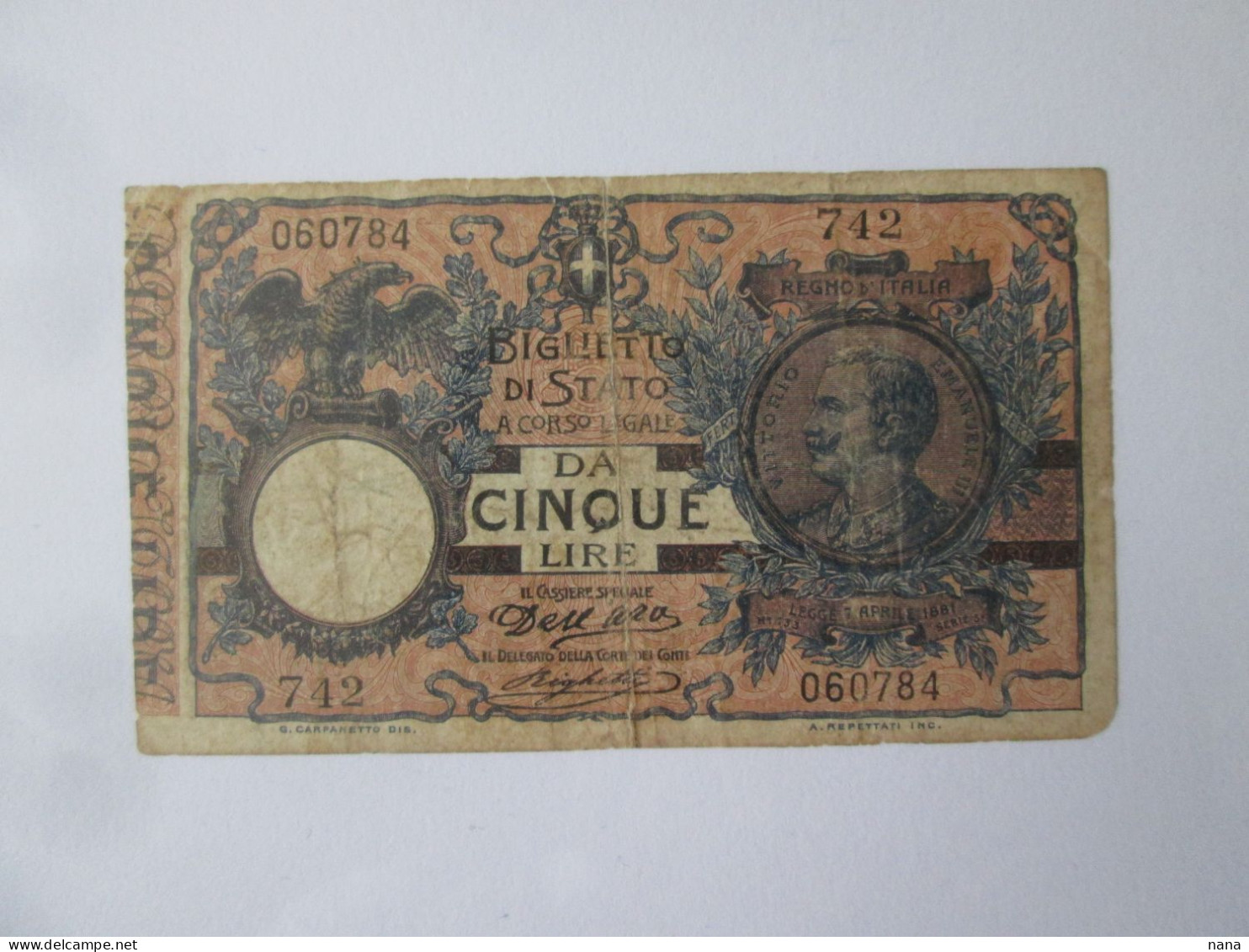 Rare! Italy 5 Lire 1904 Banknote,see Pictures - Italië– 5 Lire