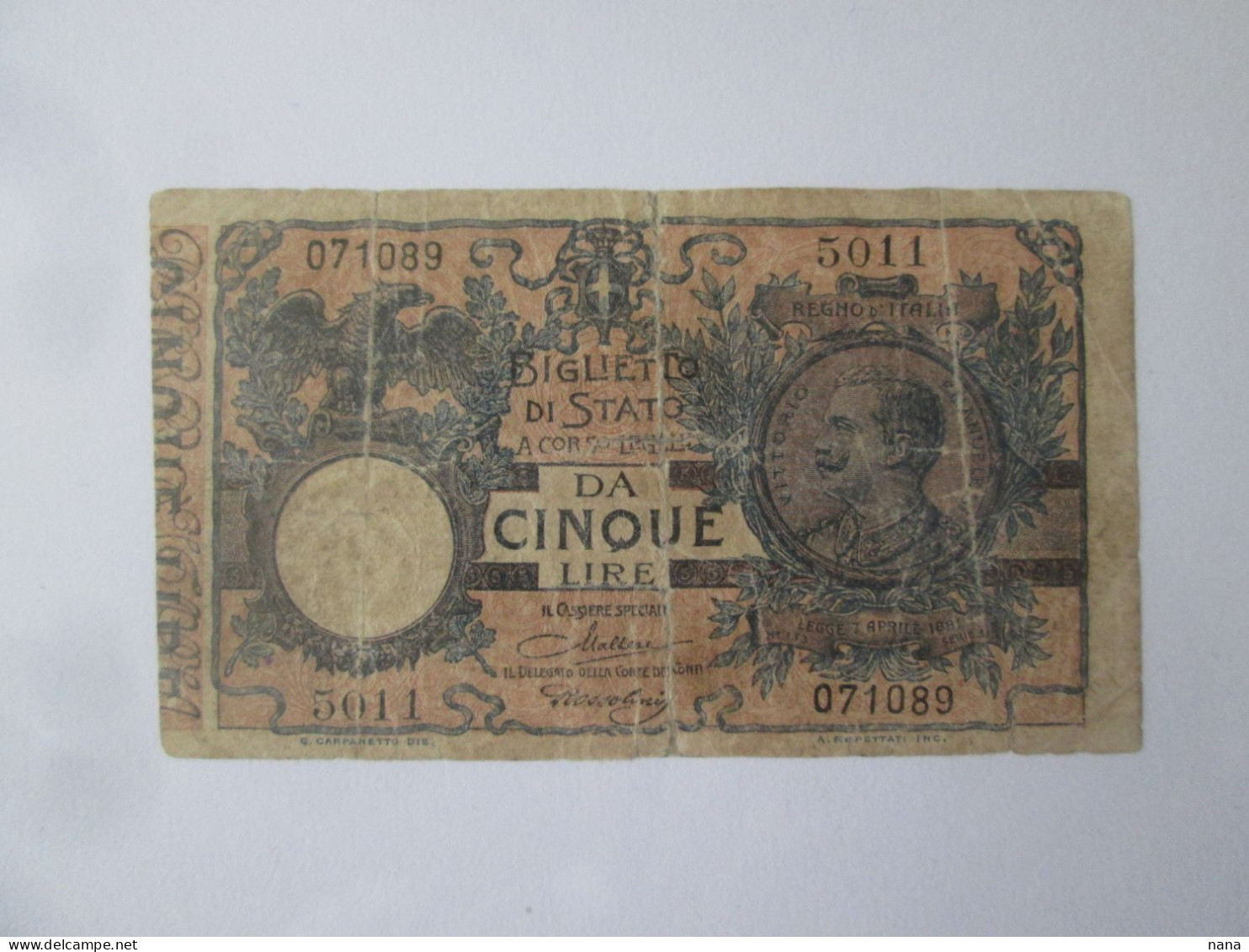 Rare! Italy 5 Lire 1904 Banknote See Pictures - Italië– 5 Lire