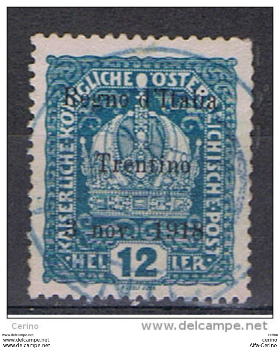 TRENTINO - A.A.:  1918  SOPRASTAMPATO  -  12 H. VERDE  AZZURRO  US. -  SASS. 5 - Trente