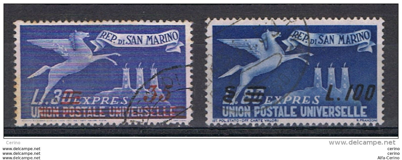 SAN  MARINO:  1947/57  EX. SOPRASTAMPATI  -  2  VAL. US. -  SASS. 18 + 24 - Eilpost