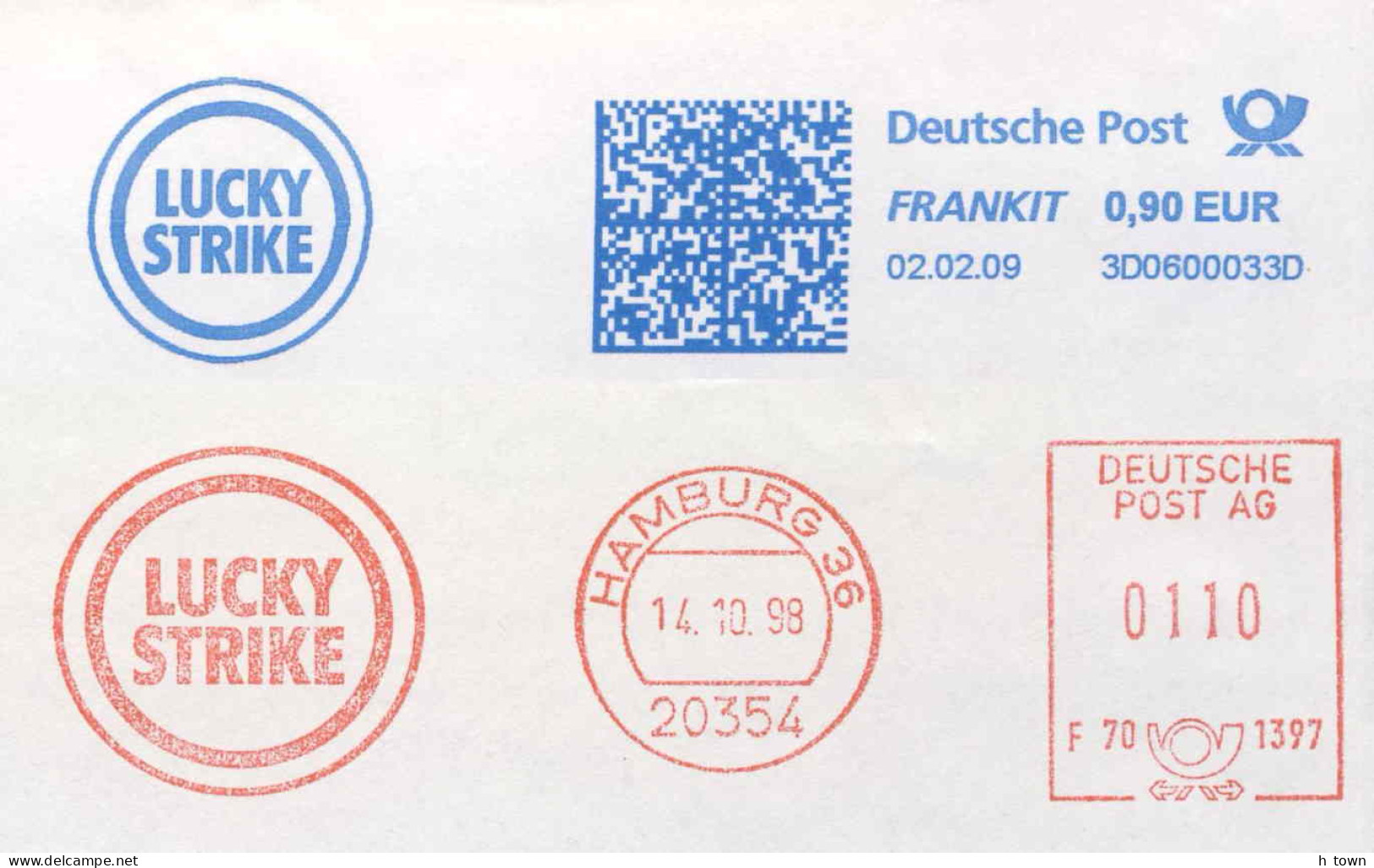 125  Tabac, Cigarette: 2 Ema D'Allemagne, 1998/2009. Tobacco Meter Stamps From Germany. Lucky Strike, Hamburg - Drogen