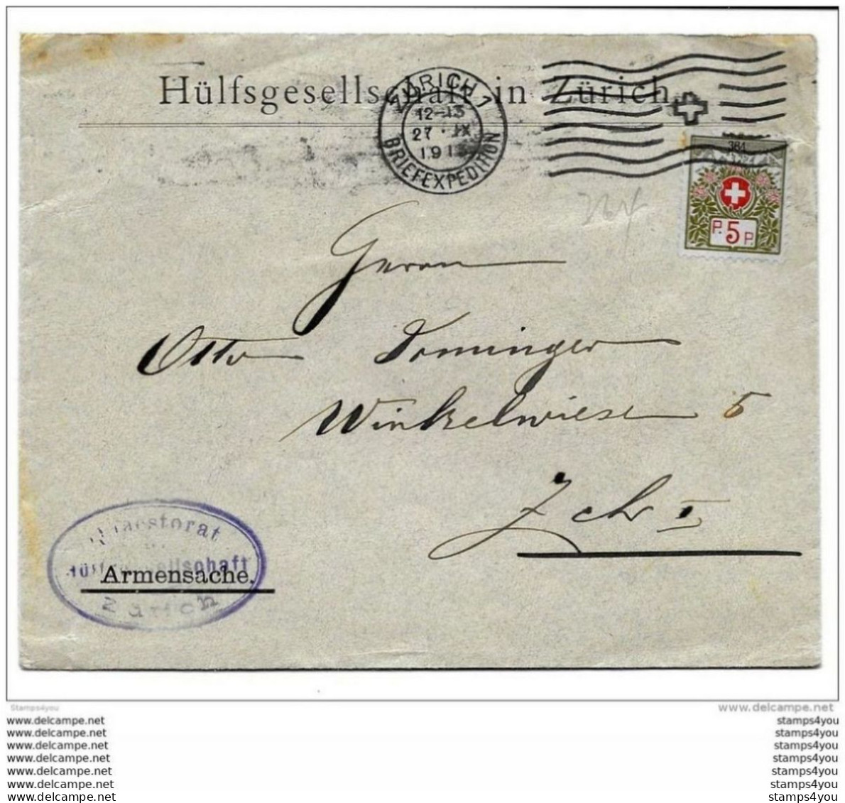 142 - 7 - Enveloppe "Hülfsgesellschaft Zürich 1913 - Franchigia