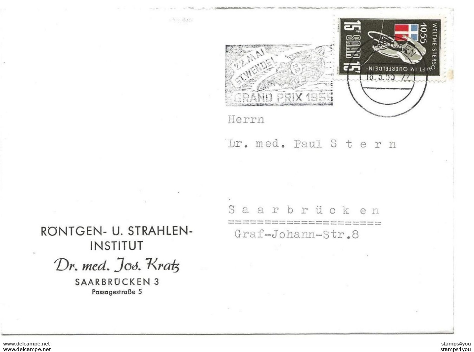 52 - 6 - Enveloppe Envoyée De Saarbrücken Oblit Mécanique Grand Prix 1955 - Motos